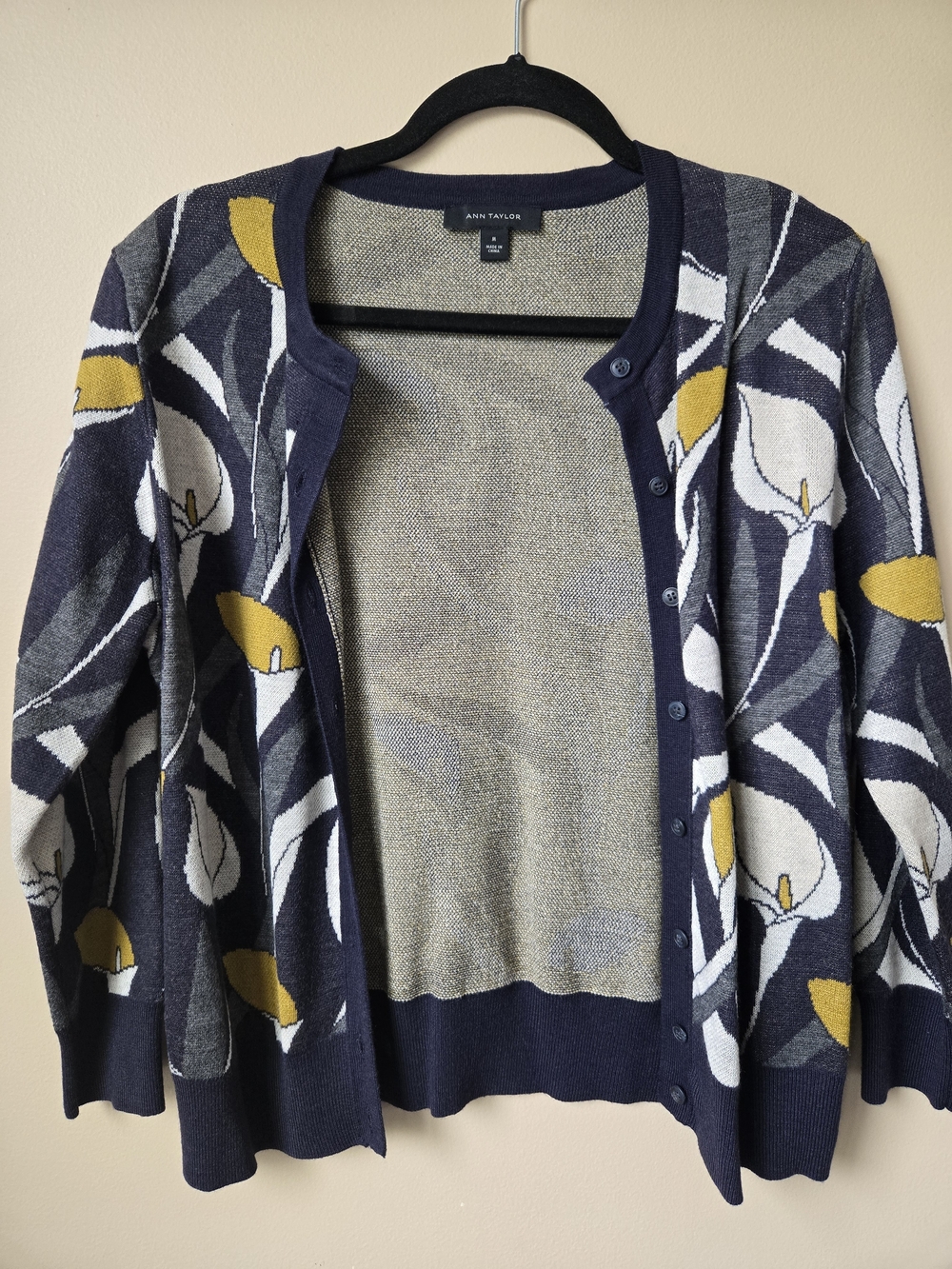 Ann Taylor Navy Floral Button-Front Cardigan with Mustard Accents